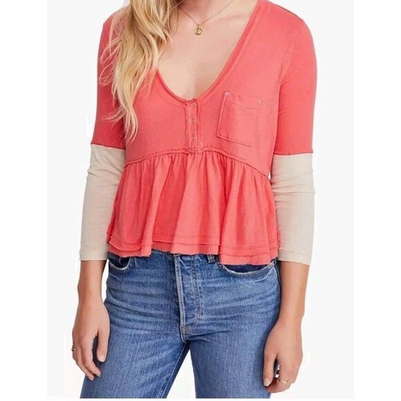 NWT Free People Women Heart of Mine Colorblock Top Shirt Burnt Orange Tan Large - Picture 1 of 9
